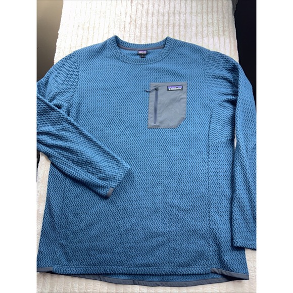 Patagonia R1 Air Crew Shirt Men L Blue Fleece Waffle Thermal Hiking Outdoors EUC